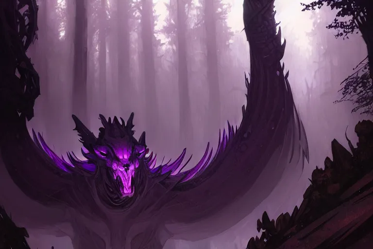 Image similar to concept art of a dispacer beast, d & d creature, by greg rutkowski and alphonse mucha, gradient black to purple, monoliths in a dark forest background, highly detailed, digital painting, artstation, concept art, smooth, sharp focus illustration, artstation hq