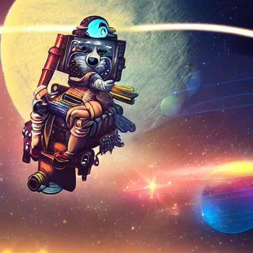 Prompt: photorealistic picture of a futuristic pirate in outer space riding a cyberpunk guinea pig