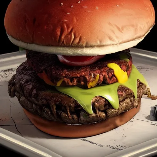 Image similar to hyper realistic hamburger as a xenomorph, painted by greg rutkowski, unreal engine,