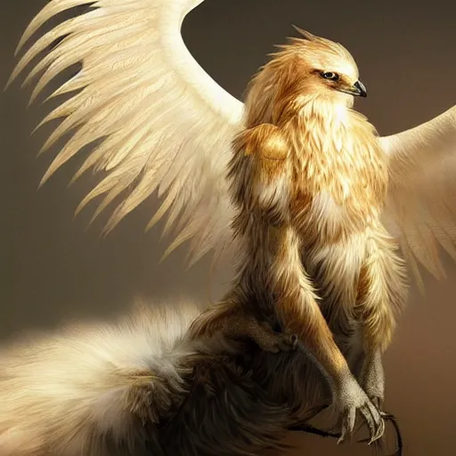 Prompt: a griffin, fantasy, professionally retouched, soft lighting, powerful, realistic, smooth feathers, perfect golden eyes, wide angle, sharp focus on whole body, 8 k high definition, insanely detailed, intricate, elegant, art by artgerm and wlop