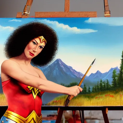 Image similar to a closeup photorealistic photograph of bob ross working on a canvas painting of wonder woman. film still. brightly lit scene. mountains and trees. this 4 k hd image is trending on artstation, featured on behance, well - rendered, extra crisp, features intricate detail, epic composition and the style of unreal engine.