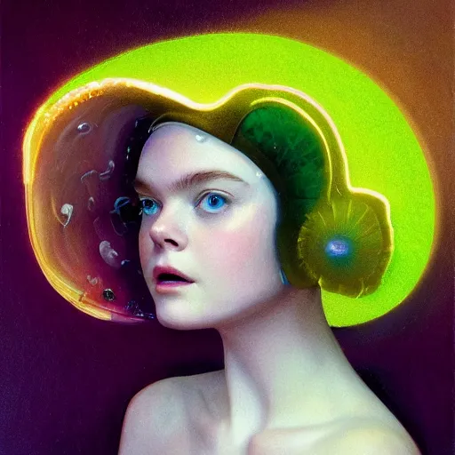 Image similar to Elle Fanning wearing a jellyfish helmet in the style of Paola Vetri, head and shoulders portrait, stormy weather, extremely detailed masterpiece, oil on canvas, low-key neon lighting, artstation, Blade Runner 2049, Roger Deakin’s cinematography, by J. C. Leyendecker and Peter Paul Rubens and Edward Hopper and Michael Sowa,