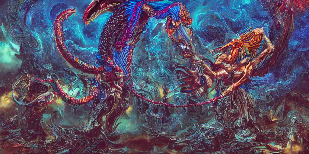 Image similar to Quetzalcoatl  the feathered serpent deity by Liam Wong and Boris Vallejo