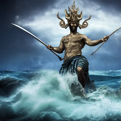 Prompt: Poseidon, the god of the sea, with trident and crown, riding a mixture of a horse and a fish, matte painting, photorealistic, dark colors