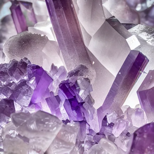 Prompt: hyper realistic macro shot of amethyst crystals, high definition, incredible detail, flash photography at night, cave exploration, muted pastel tones