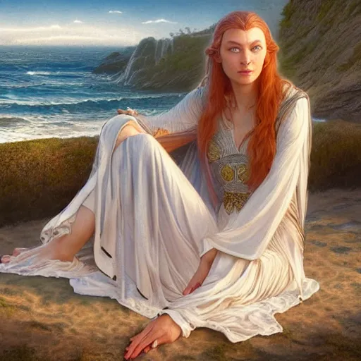 Image similar to painting of galadriel relaxing on the beach, lord of the rings, ultra realistic, concept art, intricate details, eerie, highly detailed, photorealistic, octane render, 8 k, unreal engine. art by artgerm and greg rutkowski and alphonse mucha