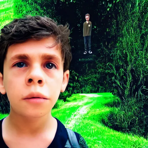 Prompt: the boy had journeyed a long way, and was very tired. dslr, photo, standing next to a green screen