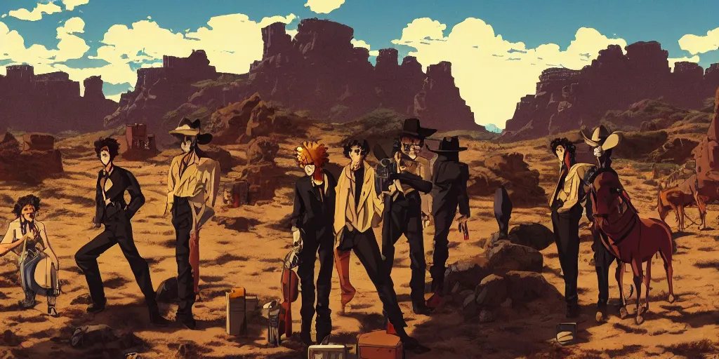 Image similar to cowboy bebop in the old western world with rugged terrain and taverns landscape portraits