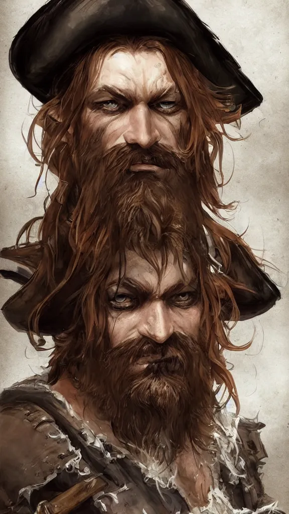 Prompt: a detailed portrait of a drunken pirate with a big ginger beard and a large moustache, ginger hair, ugly, bags under his eyes, dark eyes, he wears a big coat, scruffy. character concept art. royo, artgerm, wlop. fashion. dnd. trending on artstation.