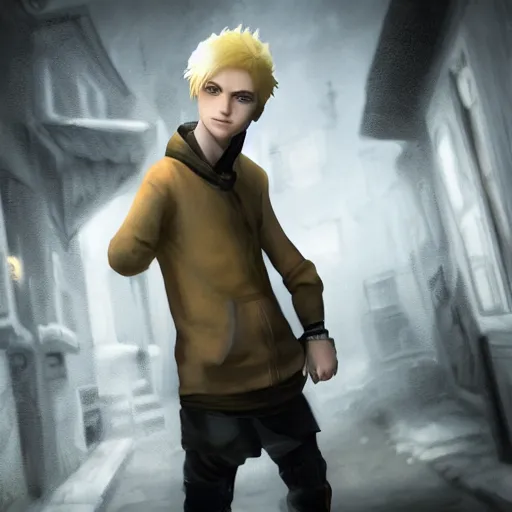 Image similar to A young blonde haired boy wearing thief clothes with daggers in an alleyway, epic fantasy, octane render, high detail, fantasy art, portrait