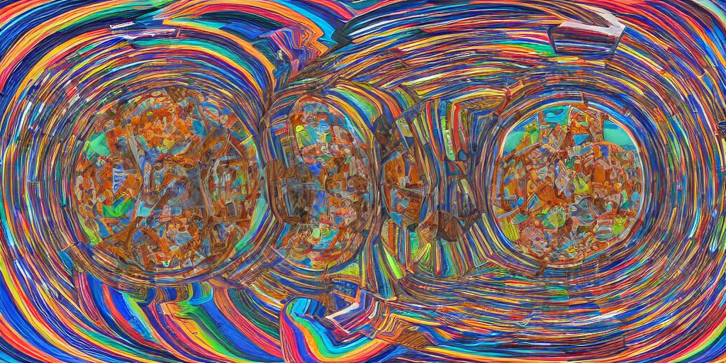 Prompt: 3 6 0 panorama escher style pattern of colorful balls, sculpture in the ancient greek style