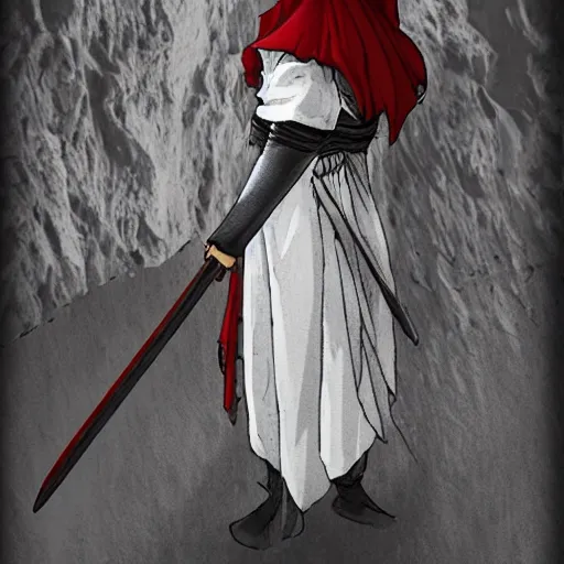 Image similar to samarai cloaked in white with swords, standing in light beam of a dark cave, ruby red sorrow, high quality, ultra detail