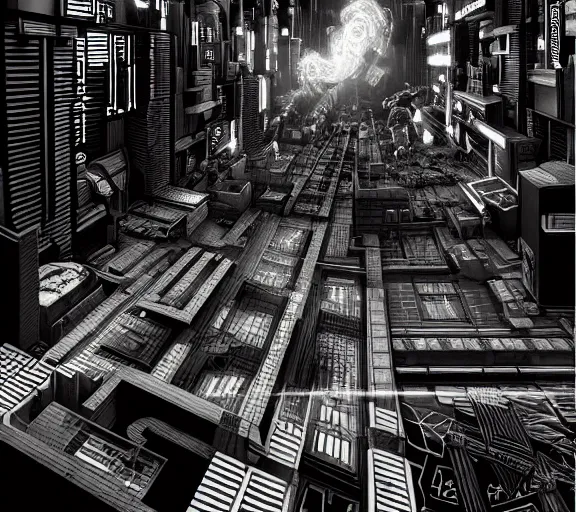 Image similar to a black and white illustration of a cyberpunk epic Friday night firefight in the style of MC Escher, Night City, cyberpunk 2077, 1979 OMNI Magazine Cover, impossible geometry, coherent, street level neo-Tokyo in Cyberpunk 2045, 4k, 8k, HD, trending on artstation