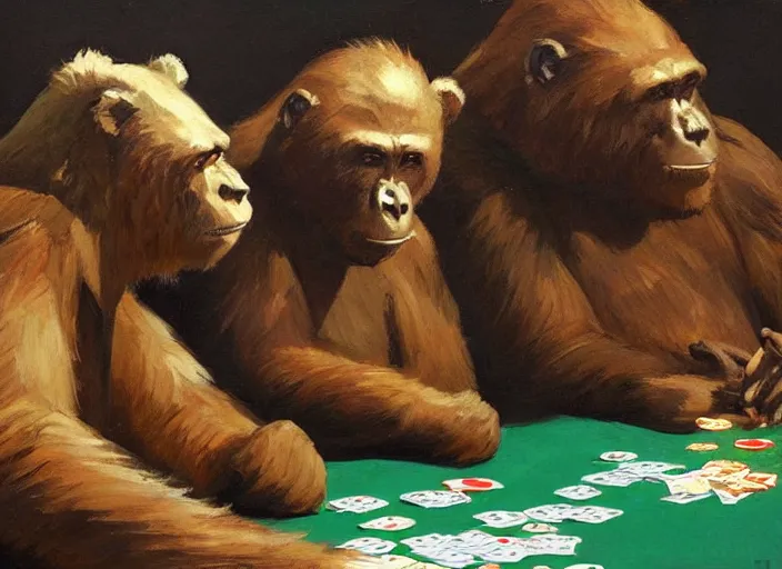 Prompt: one gorrila, one bear!!, playing poker, highly detailed beautiful, by gregory manchess, james gurney, james jean