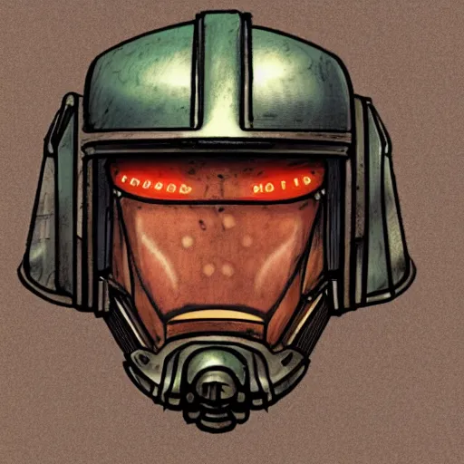 Image similar to an technical illustration of the helmet of a space marine from warhammer 4 0 k