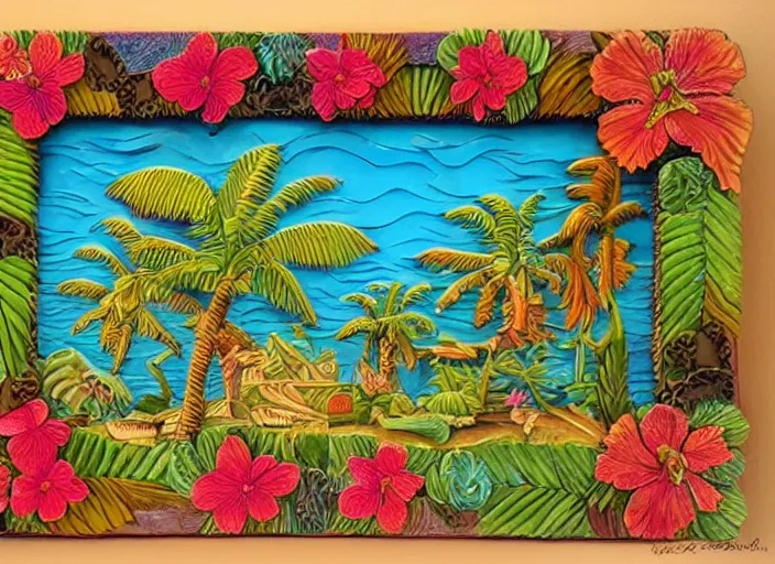 Image similar to colorized stylized bas relief sculpture of a tropical paradise with a frame in mexico folk art style