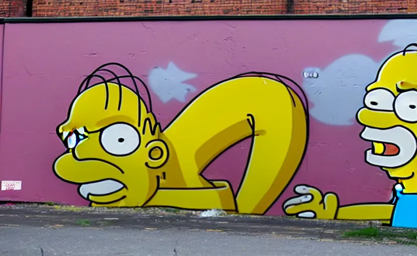 Image similar to a real life cartoon character homer simpson covered with graffiti by henry chalfant