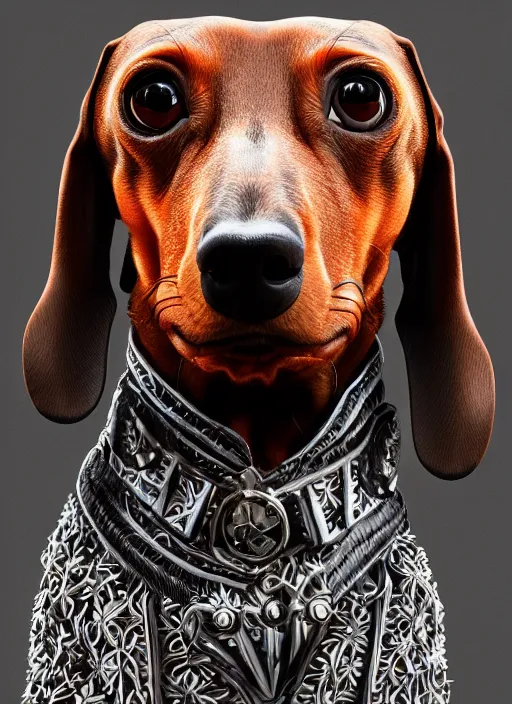 Image similar to dachshund with a raised eyebrow | sophisticated clothing | highly detailed | very intricate | elaborate outfit | symmetrical | cinematic lighting | award - winning | closeup portrait | featured on artstation