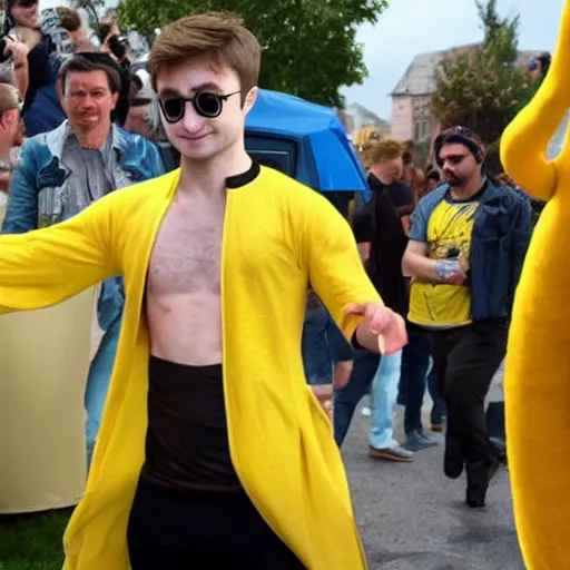 Image similar to daniel radcliffe wearing a banana costume, ultra details, photo, 8 k