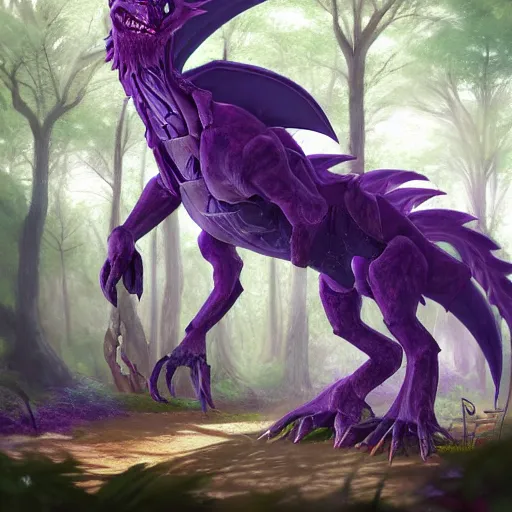 Image similar to concept art painting of an anthropomorphic purple humanoid bipedal dragon, in the deep forest, realistic, detailed, cel shaded, in the style of makoto shinkai and greg rutkowski and james gurney