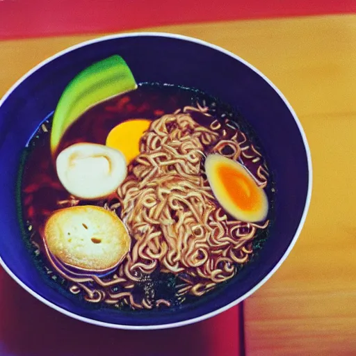 Image similar to A bowl of ramen cooked by Tadanori Yokoo, 35mm film