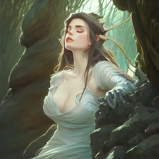 Prompt: wide angle, knight, sleeping on rock, white grey blue color palette, eyes closed, forest, female, d & d, fantasy, intricate, elegant, highly detailed, long brown hair, digital painting, artstation, octane render, concept art, matte, sharp focus, illustration, hearthstone, art by artgerm, alphonse mucha johannes voss