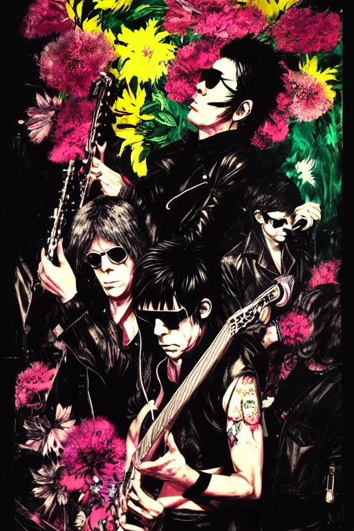 Prompt: the velvet underground and nico playing live on stage at a night club, beautiful stage decoration with flowers in the background, painting by yoji shinkawa, very detailed and colorful and toned down and ornamental and moody and cool and relaxed and high on drugs, trending on artstation, behance contest winner