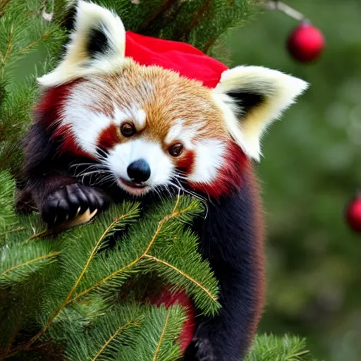 Prompt: a red panda wearing a christmas hat in a tree