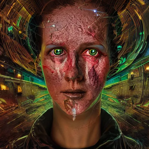 Image similar to full face close up portrait, visions of chaos in a thriving dystopia, by peter woodroffe, by igor morski, by laurie lipton, in a cyber - punk ally, cinematic lighting, volumetric lighting, neosurrealism, realistic shadows, particle effects, rendered in octane, punk, electric, cosmic, cybernetic