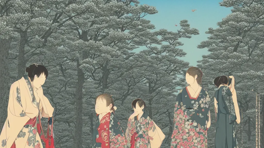 Prompt: A beautiful girl is standing right before me, we are looking into each others eyes and she says - Hey you have beautiful eyes, this is how you get all the girls!, screen print by Kawase Hasui and dan hillier, 8k unreal engine