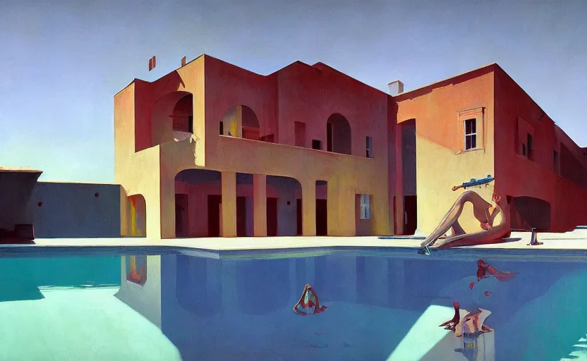 Image similar to A villa with a big pool, very coherent, painted by Edward Hopper, Wayne Barlowe, painted by James Gilleard, airbrush, art by JamesJean