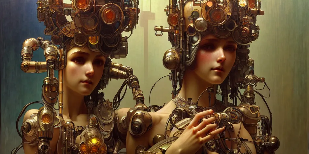 Image similar to octane render, ultra photorealistic, hyper detailed, unreal engine, a very very cute wooden mystical statue robot of the roman natural cyberpunk in a contemporary art gallery in neo tokyo artwork by alphonse mucha greg rutkowski