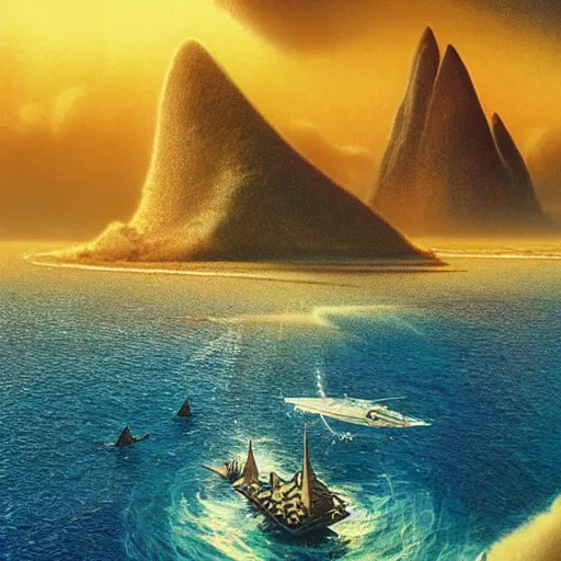 Image similar to beautiful matte painting of golden shores of a blue dreamy ocean, heavenly island in the clouds floating above the ocean, spaceship flying by, towering mountains emerging from the ocean, entrance to a city, sci - fi, daylight, blue sky, cinematic lighting, cinematic perspective, syd mead, john harris, federico pelat