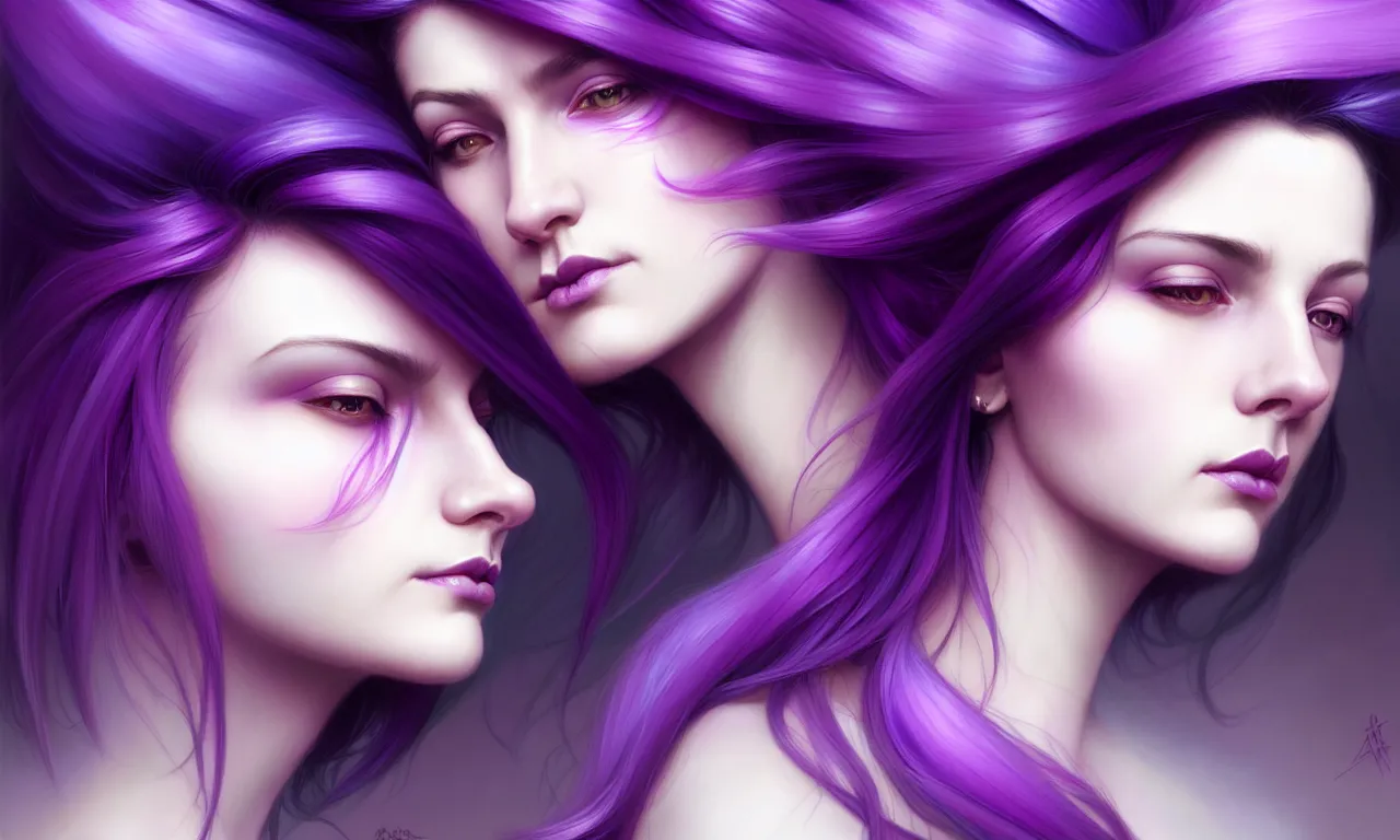 Image similar to Purple hair relistic Portrait of a two woman with bright colored flying hair, all shades of purple. Beauty face, Hair coloring, fantasy, intricate, elegant, highly detailed, digital painting, artstation, concept art, smooth, sharp focus, illustration, art by artgerm and greg rutkowski and alphonse mucha