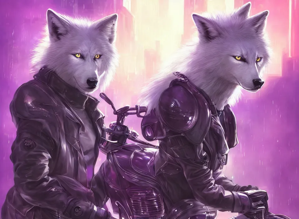 Prompt: award winning beautiful portrait commission of a male furry anthro albino wolf fursona with a tail and a cute beautiful attractive detailed furry face wearing stylish black, purple and yellow cyberpunk biker clothes riding a cybertech motorcycle in a cyberpunk city at night while it rains. Character design by charlie bowater, ross tran, artgerm, and makoto shinkai, detailed, inked, western comic book art