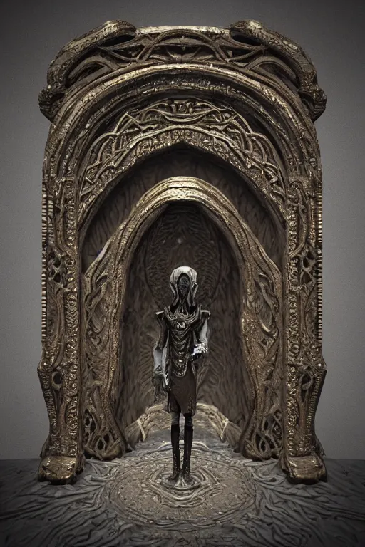 Image similar to extremely 3 d render detailed intricate ornate metallic bone carved concept art of hooded necromancer in front of a lovecraft portal