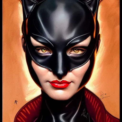 Prompt: symmetry!! front - faced portrait of catwoman, intricate, elegant, highly detailed, my rendition, digital painting, artstation, concept art, smooth, sharp focus, illustration, art by artgerm and greg rutkowski and alphonse mucha