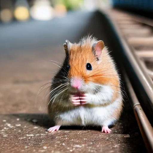 Prompt: detailed photo of a hamster waiting for the train, various poses, full body, unedited, daylight, dof 8 k