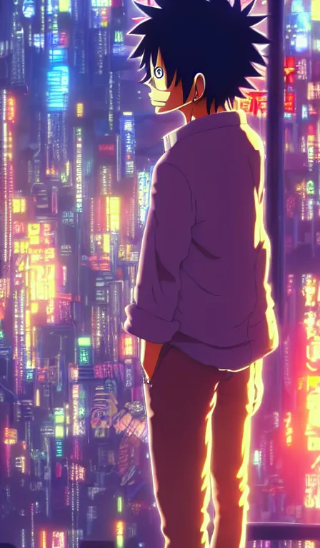 Prompt: anime fine details portrait of Luffy in front of cyberpunk moder city landscape on the background deep bokeh, close-up view, anime masterpiece by Studio Ghibli. 8k, sharp high quality anime, artstation