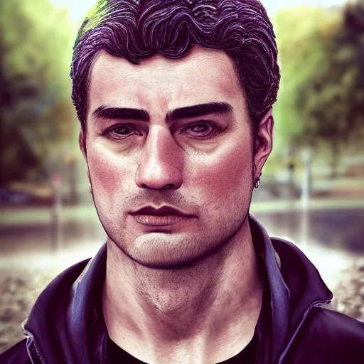 Image similar to photorealistic portrait of gerald darmanin gerald darmanin gerald darmanin gerald darmanin as a sad pathetic alpha male, immature, fantasy, ugly, depth of field, bokeh, soft focus, detailed, soft glow, caravagio, high contreast, art by artgerm