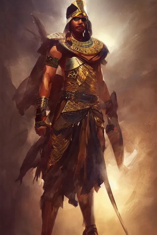 Image similar to egyptian warrior, portrait, fierce, intricate, elegant, volumetric lighting, digital painting, highly detailed, artstation, sharp focus, illustration, concept art, ruan jia, steve mccurry