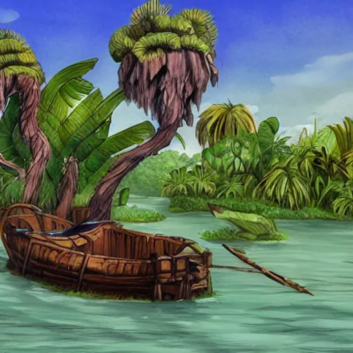 Prompt: concept art of boat ride themed to a florida swamp