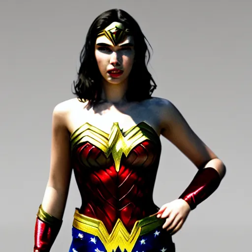 Image similar to a potrait of Dua lipa as wonder woman by Zack Snyder, Christopher Nolan, 8k photorealistic, cinematic lighting, HD, high details, dramatic, trending on artstation, view from below, dark atmosphere,