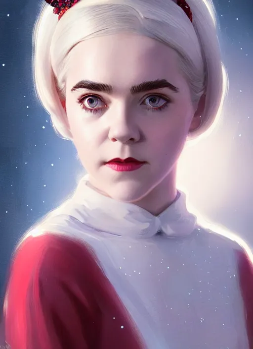 Prompt: portrait of kiernan shipka as sabrina spellman, white hair, 6 0 s hairstyle, hairband, intricate, elegant, glowing lights, highly detailed, digital painting, artstation, concept art, smooth, sharp focus, illustration, art by wlop, mars ravelo and greg rutkowski