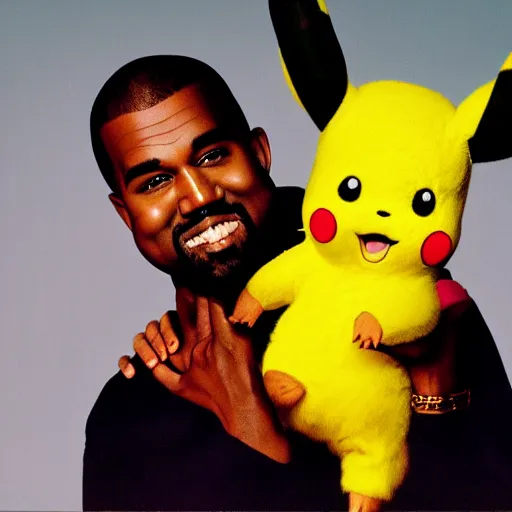 Image similar to kanye west smiling holding pikachu for a 1 9 9 0 s sitcom tv show, studio photograph, portrait c 1 2. 0