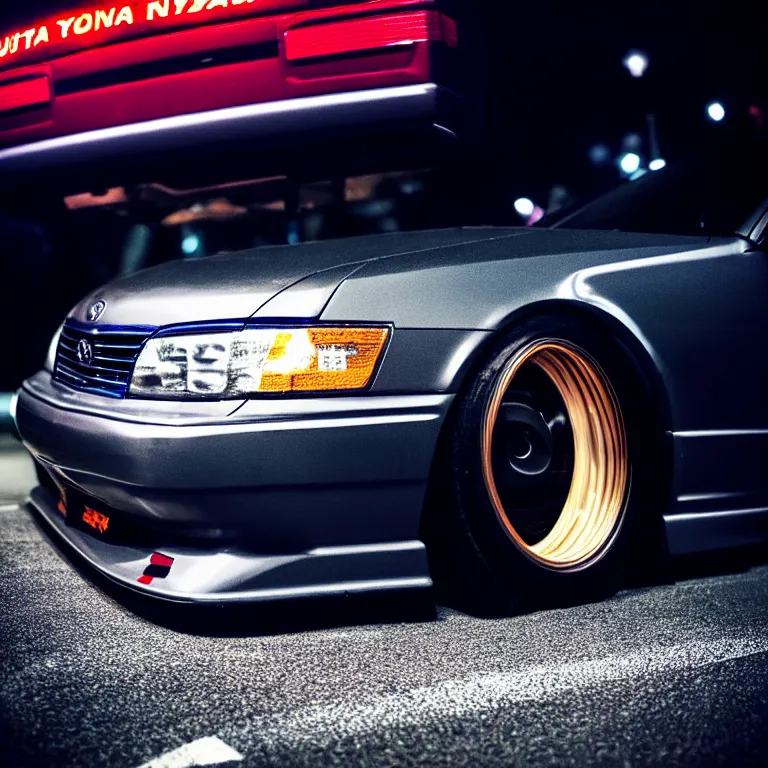 Prompt: close-up-photo Toyota chaser turbo illegal roadside night meet, work-wheels, Shibuya shibuya, cinematic color, photorealistic, deep dish wheels, highly detailed night photography