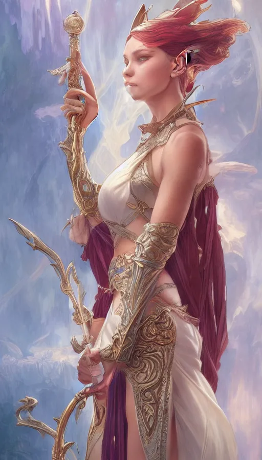 Prompt: a female magician elf holding her staff, fantasy, intricate, elegant, epic highly detailed, digital painting, artstation, concept art, smooth, sharp focus, illustration, art by artgerm and greg rutkowski and alphonse mucha