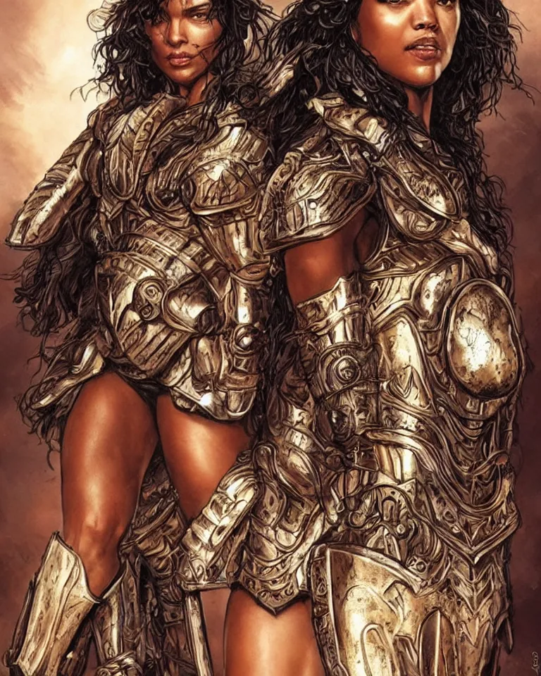 Image similar to tessa thompson as an amazon warrior, tall and beautiful with brown skin and long hair, but better, dressed in hellenistic body armor, intricate, elegant, highly detailed, smooth, sharp focus, detailed face, art by ardian syaf