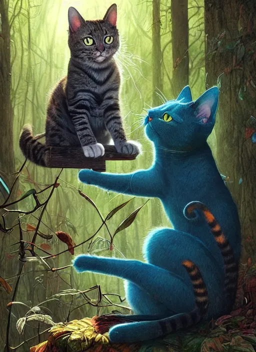 Image similar to a hyper realistic illustrated cat with happy lighting playing in the woods gorgeous lighting, sunbeams blue sky, lush forest foliage painting by chiara bautista and beksinski and norman rockwell and greg rutkowski weta studio, and lucasfilm