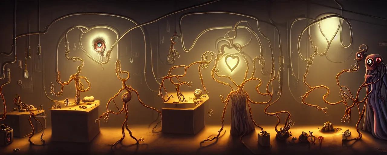 Image similar to uncanny alchemist chthonic creatures inside a visceral arterial alchemical lab within the left ventricle of a human heart, dramatic lighting, surreal fleischer cartoon characters, surreal painting by ronny khalil